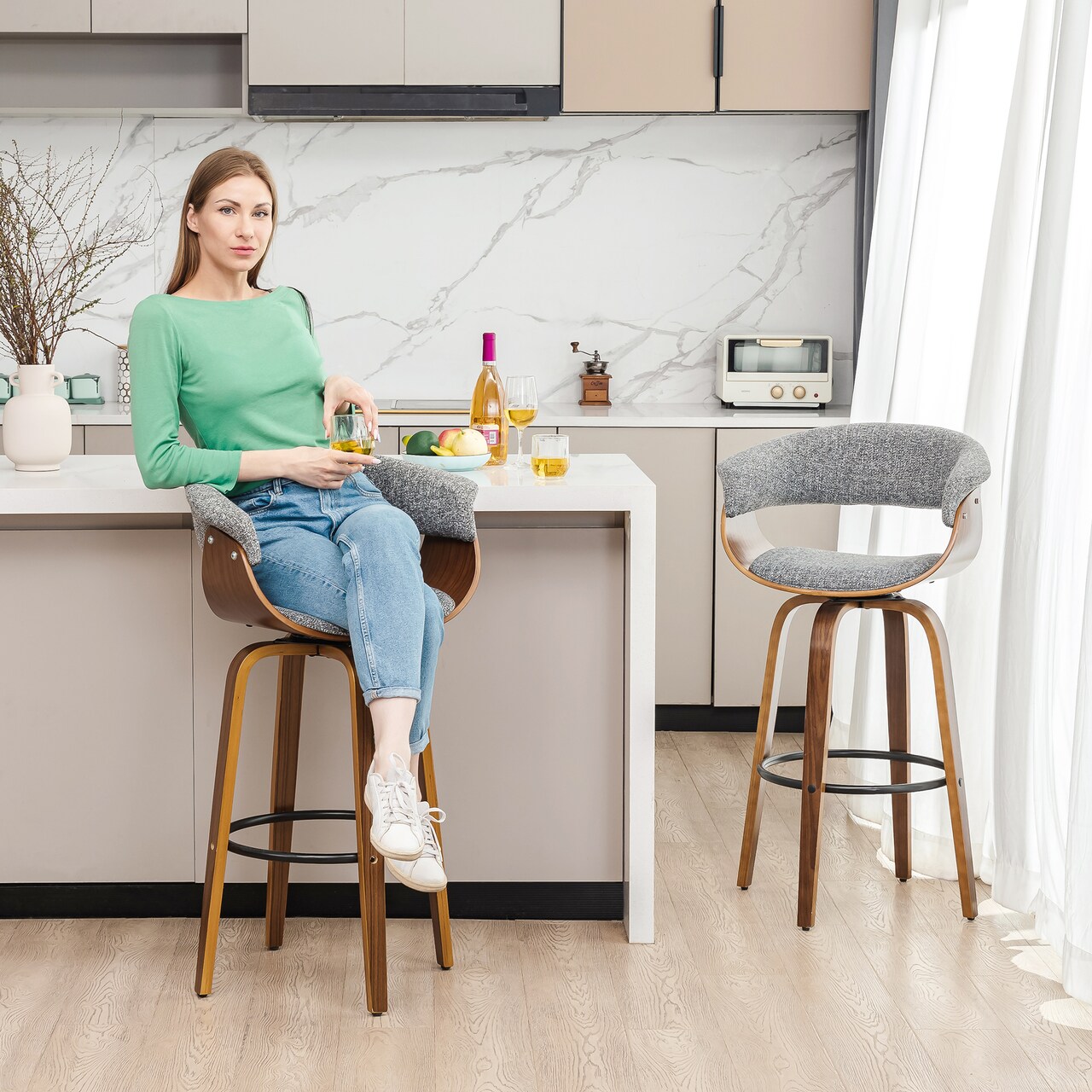 Set of 2/4 Modern Counter & Bar Height Wooden Swivel Bar Stools